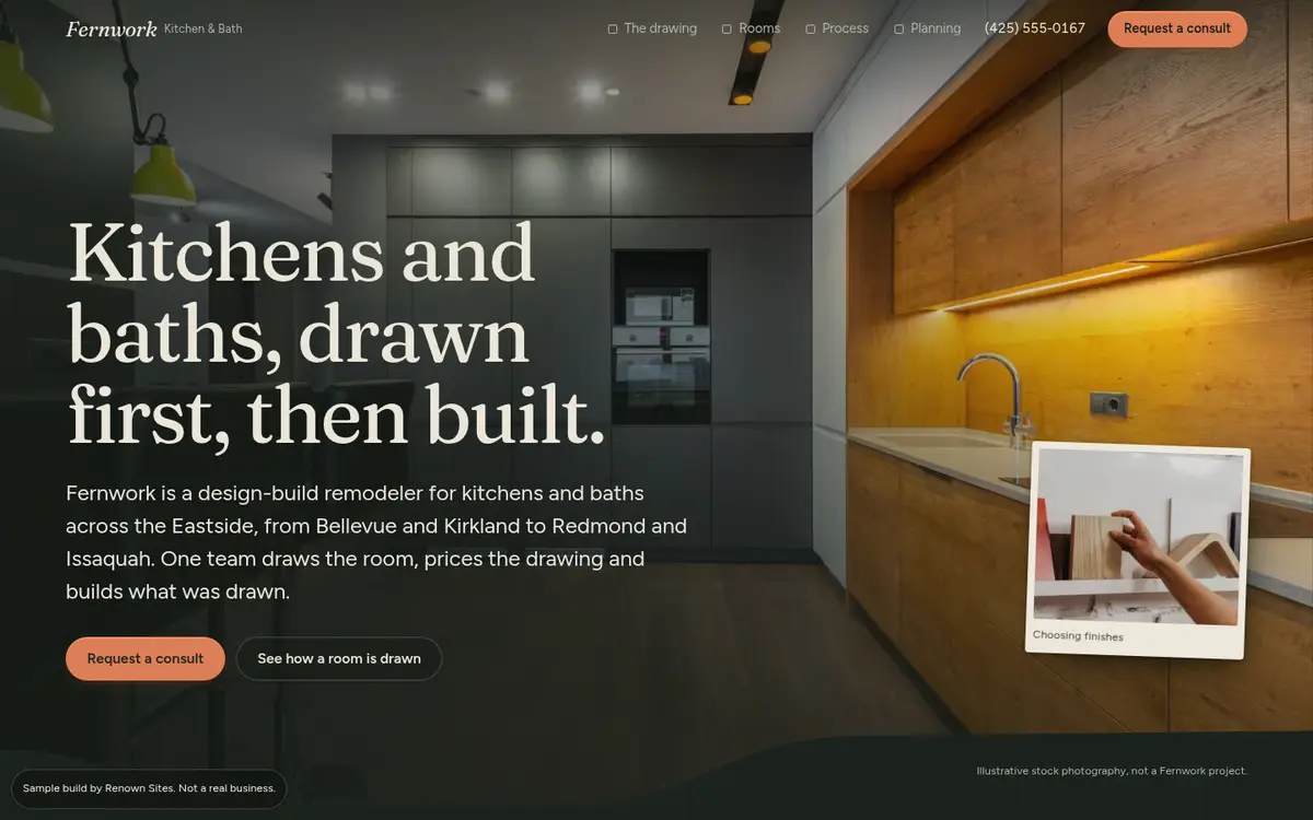 Fernwork Remodel sample site: a dark kitchen photograph with a request a consult button